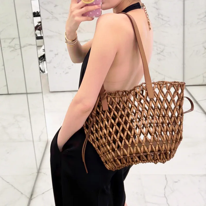 2026-luxury-designer-french-retro-handmade-woven-bag-wooden-bead-decor-basket-bucket-bag-ladies-single-shoulder-hand-tote-bag
