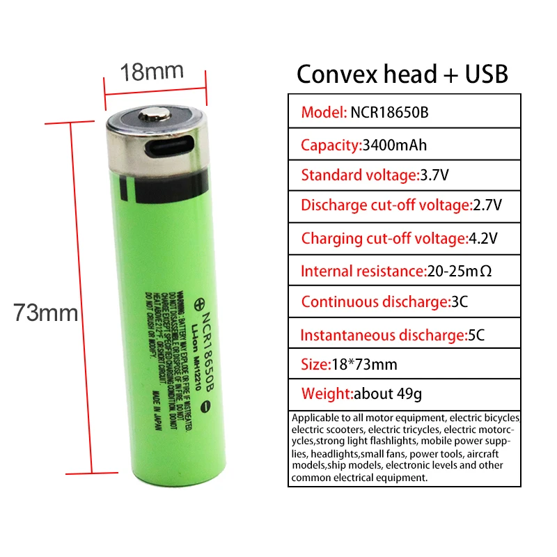 ใหม่Original NCR18650B 3.7V 3400MAhแบตเตอรี่Li-Ionสําหรับไฟฉายพัดลมของเล่นไมโครโฟนวิทยุเครื่องมือType-C Charge