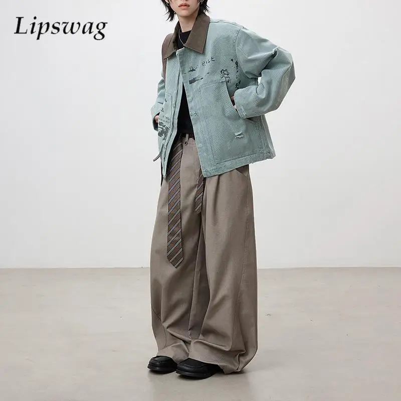 Streetwear Vintage Print Pattern Jacket Mens 2026 Autumn Warm Loose Fit Outerwear For Male Daily Outdoor Contrast Color Coat