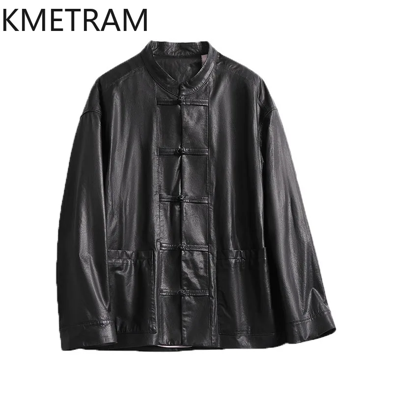 KMETRAM Sheepskin Chinese Style Genuine Leather Jacket Woman Frog Buttons Leather Coat Loose Jacket of Woman 2026 Spring 가죽자켓