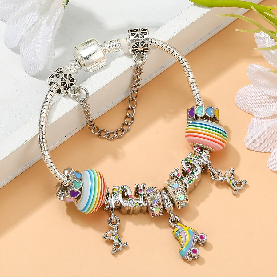 Seialoy Rainbow LOVE Beaded Roller Skates Charm Bracelets For Women Heart Beads Silver Color Bangle Jewelry Gifts