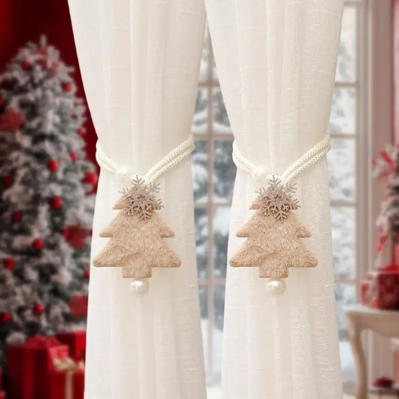 Adjustable Christmas Tree Curtain Tieback Exquisite Plush Snowflakes Curtain Rope Decorative With Ball Pendant