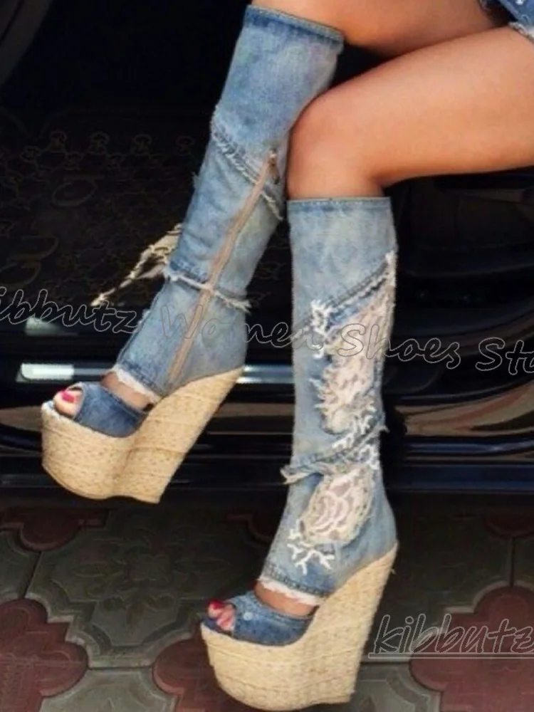 

Denim Platform Knee High Boots Mixed Color Fashion Elegant Concise Sexy Novelty Women Shoes New Round Toe High Heels Side Zipper