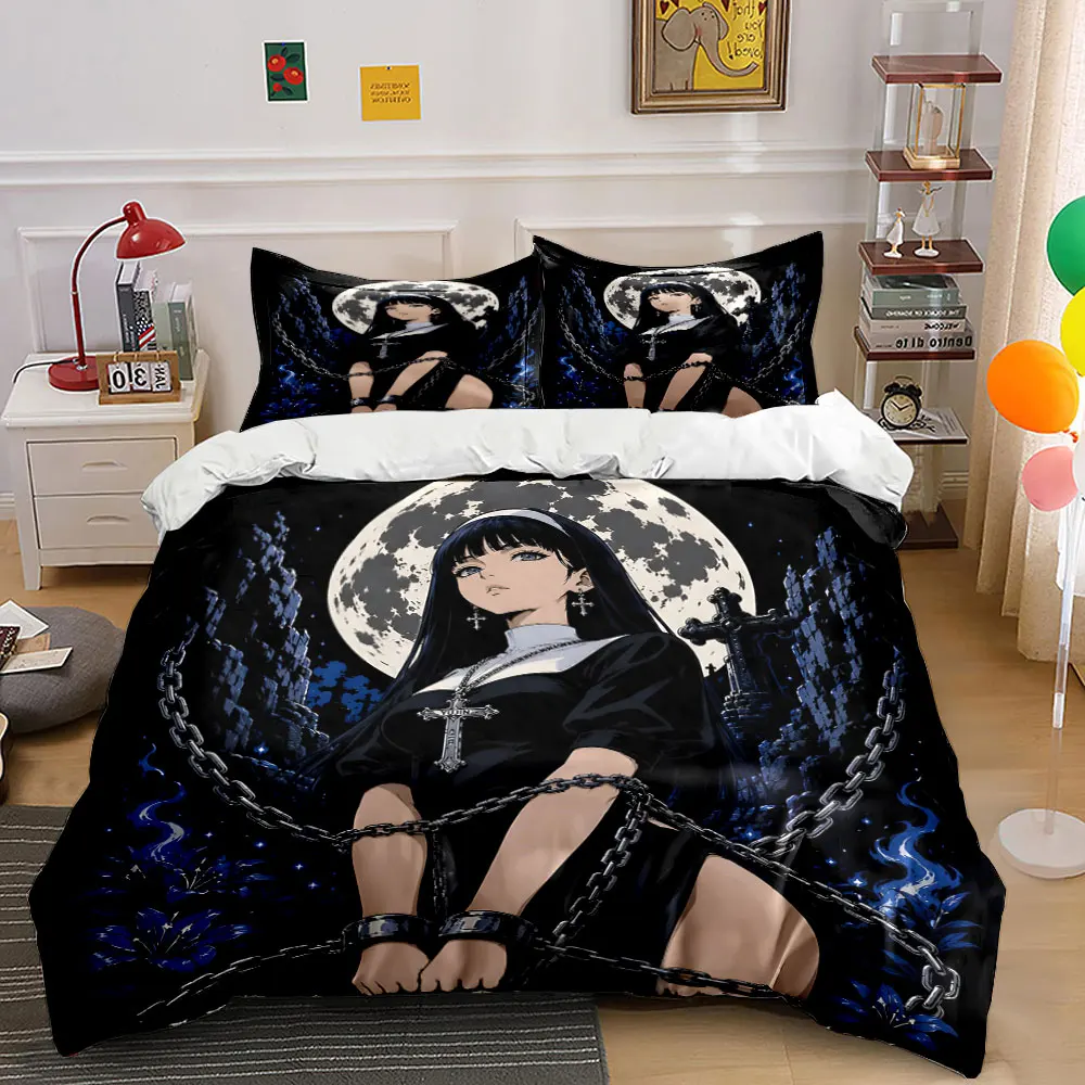 Nun in chains under a dark moonlit sky Print Bedding set 3PC 1 duvet cover 2 pillowcases adult and children bedding set