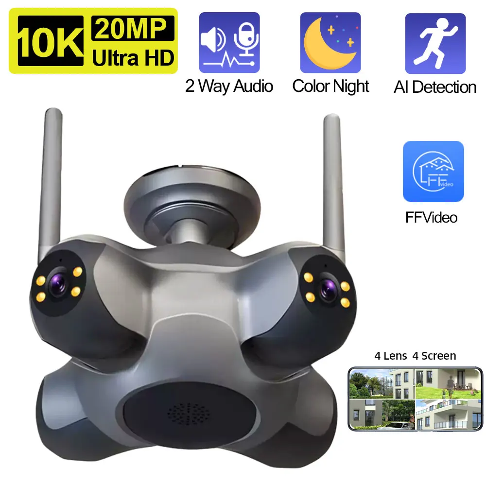 

10K 20MP Home Security Outdoor WiFi Camera 4 Lens 4 Screen 360° Panoramic CCTV Wireless Surveillance Cam Security Protection