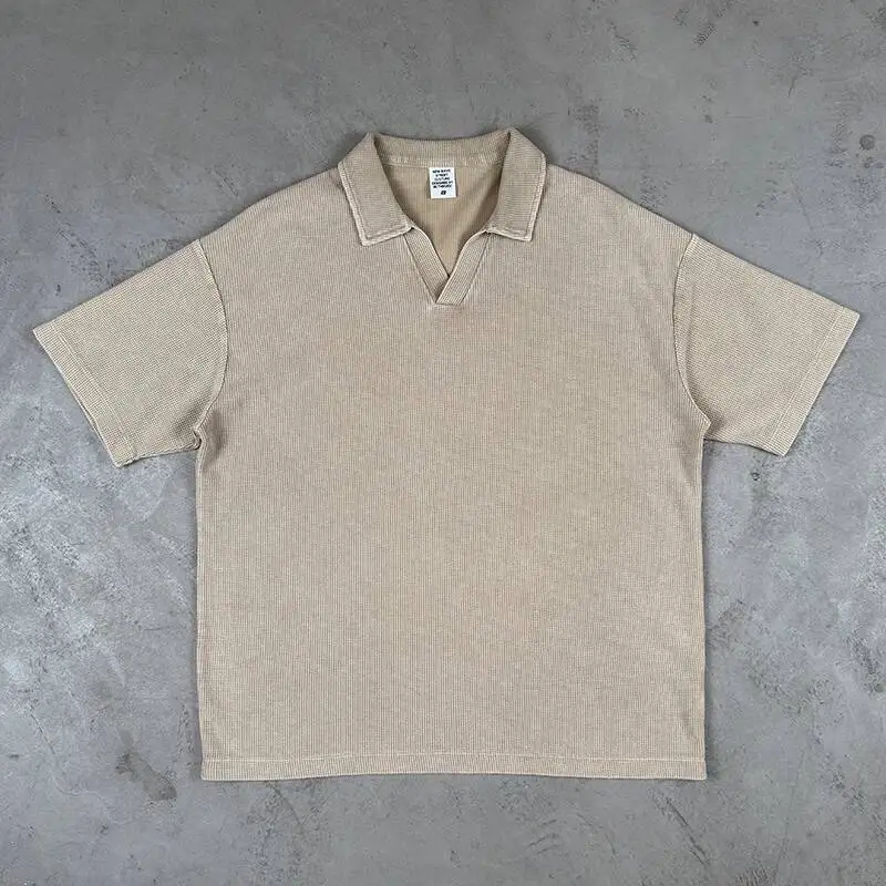 Men's Textured Minimalist Vintage T-shirt Oversized Fit Short Sleeve Casual Daily Washed Cotton Lapel Pullover Top U3NB