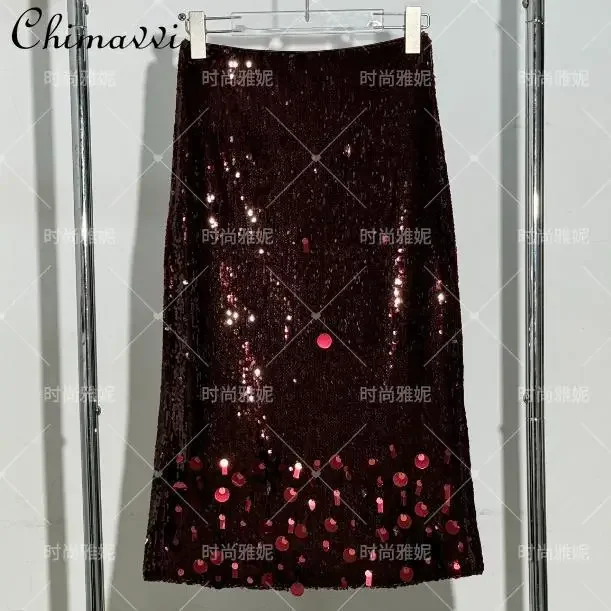 European Station Hip-wrapped High-waisted Slim Skirt New 2024 Autumn French Retro High-end Party Elegant Sequined Skirt Women