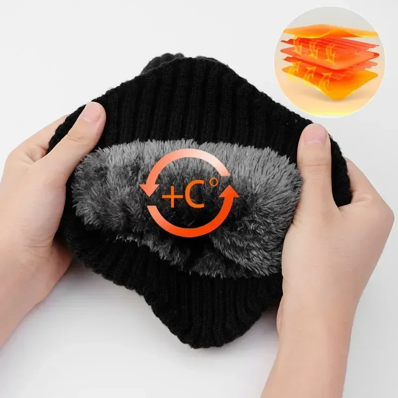 Outdoor Men Winter Knitted Hat Plush Warmth Peaked Cap Earmuff Casual Fashion Faux Fur Lined Hooded Hats Cycling Ear Protection