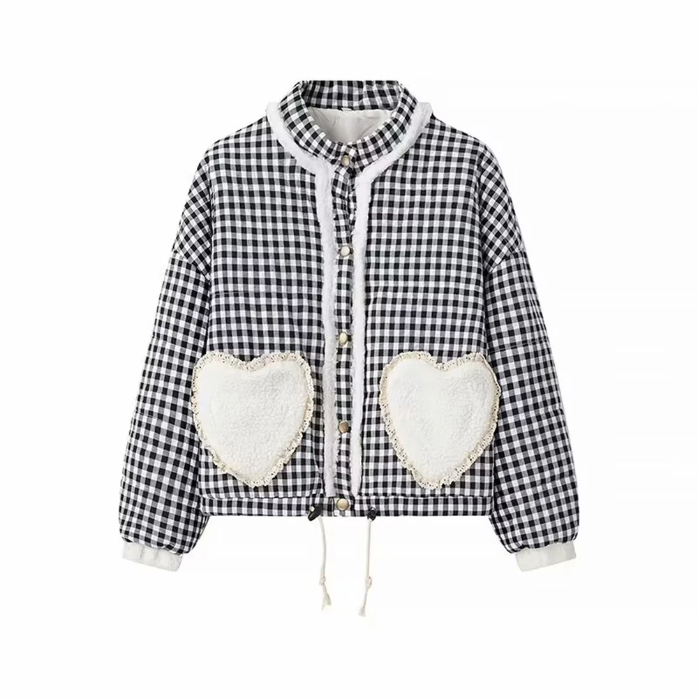 Red Green Black Three Color Round Neck Long Sleeves Heart Pocket Design Bottom Drawstring Women Loose Sweet Checked Coat ZATAF