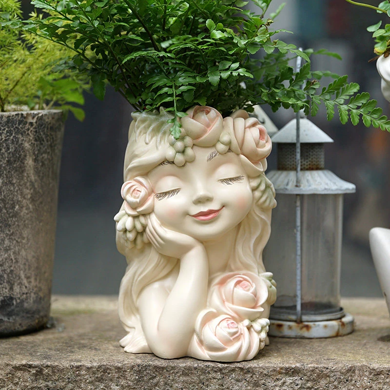 Nordic Resin Fairy Flower Pot Cartoon Girl Statue Ornament Creative Dry Flower Vase Home Balcony Yard Decoration Garden Planter
