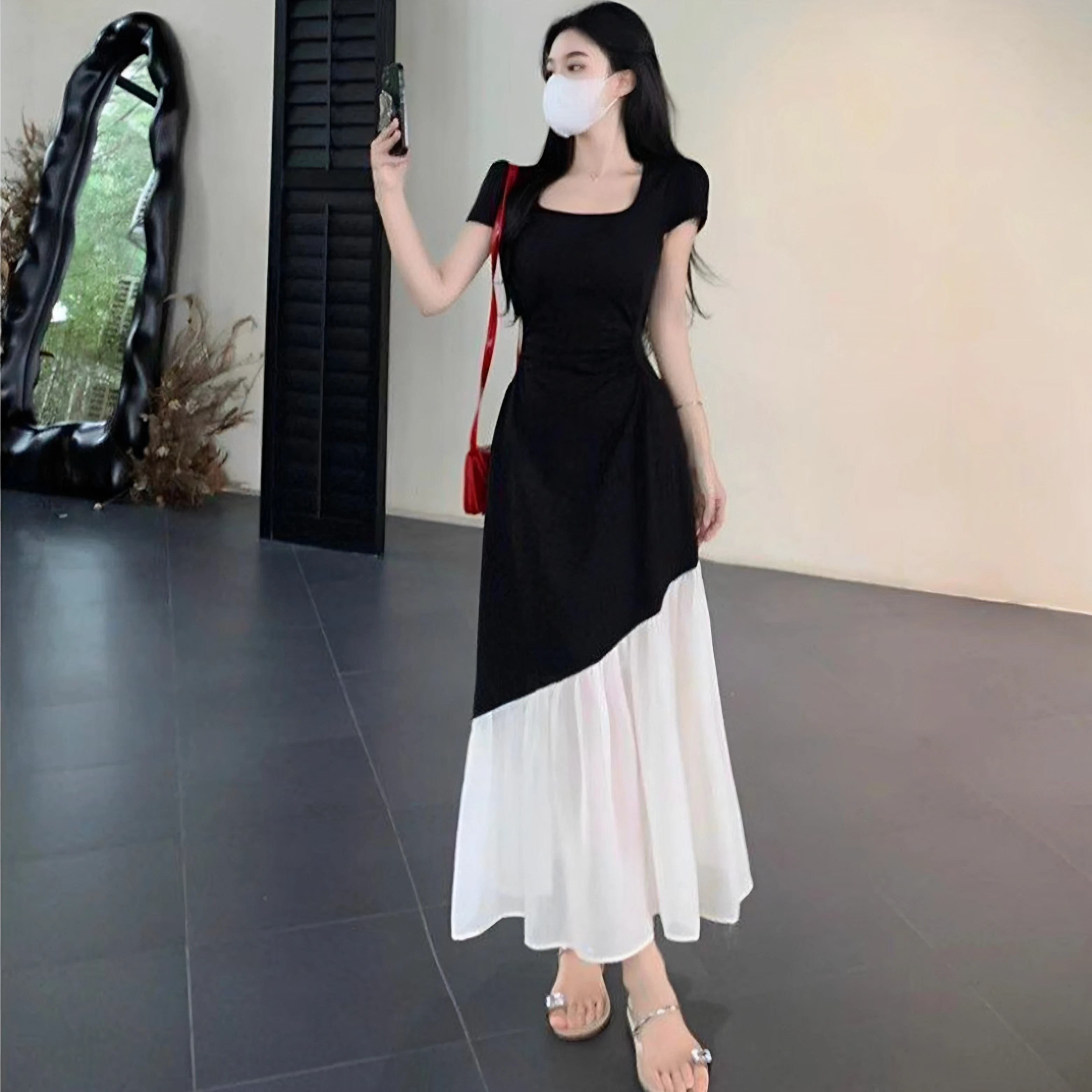 plus Size Women's Hepburn Style Short Sleeve Dress Slimming Waistline Cover Belly Long Skirt Korean Version High Waist A-Line...
