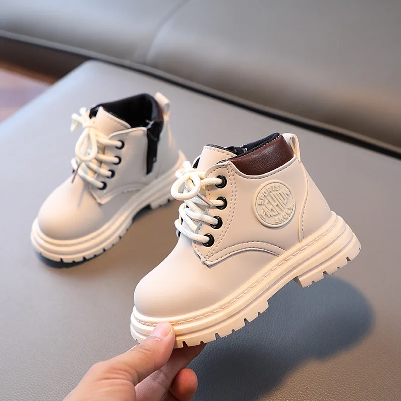

Children Autumn Winter Warm Boots Boys British Style Fleece Short Leather Boots Girls Simple Soft Soled Side Zipper Booties