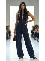 Onecozyday Women's Dark Blue Contrast Stitch Sleeveless Denim Wide Leg Jumpsuit Summer Stylish Loose Fit Streetwear Jumpsuits - Image 2