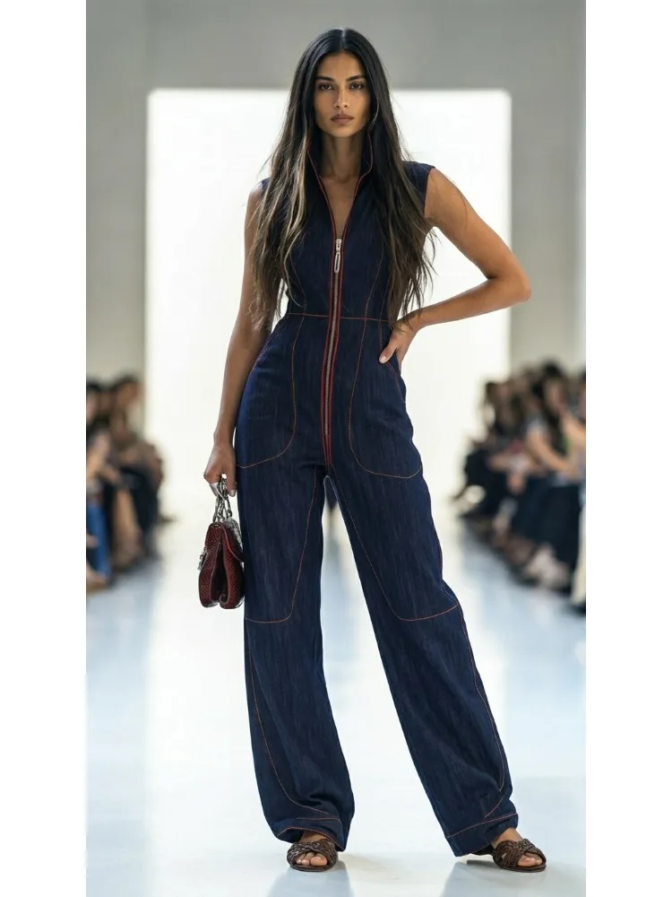 Onecozyday Women's Dark Blue Contrast Stitch Sleeveless Denim Wide Leg Jumpsuit Summer Stylish Loose Fit Streetwear Jumpsuits