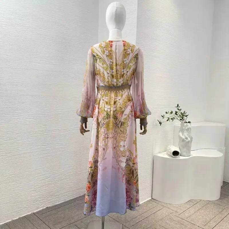 Women's Silk Pink Golden Position Print Floral Long Sleeve V Neck Midi Dress for 2024 High Quality New Top Dresses