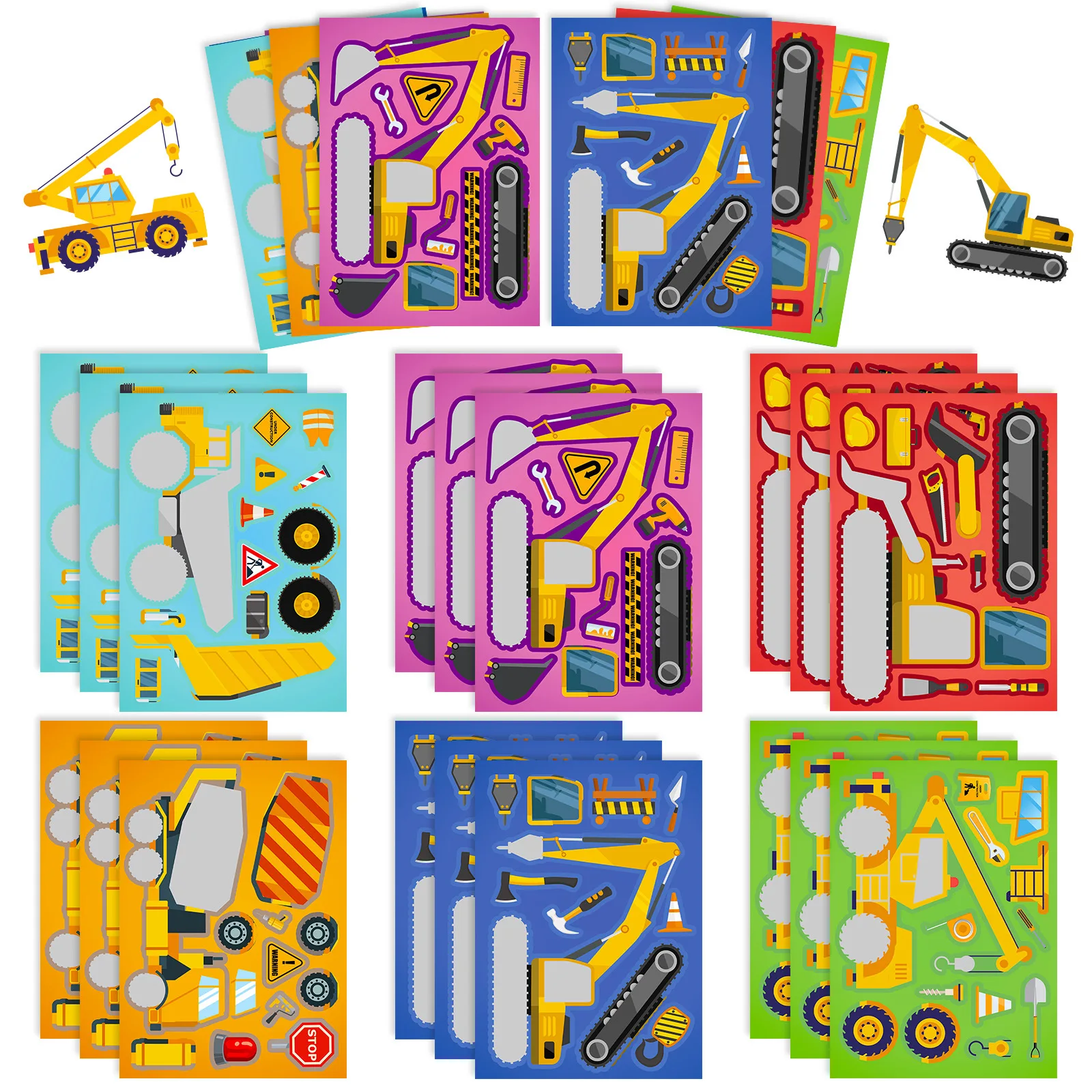 6 Sheets Children DIY Puzzle Sticker Games 6 Engineering Truck Make A Face Funny Assemble Jigsaw Stickers Kids Educational Toys