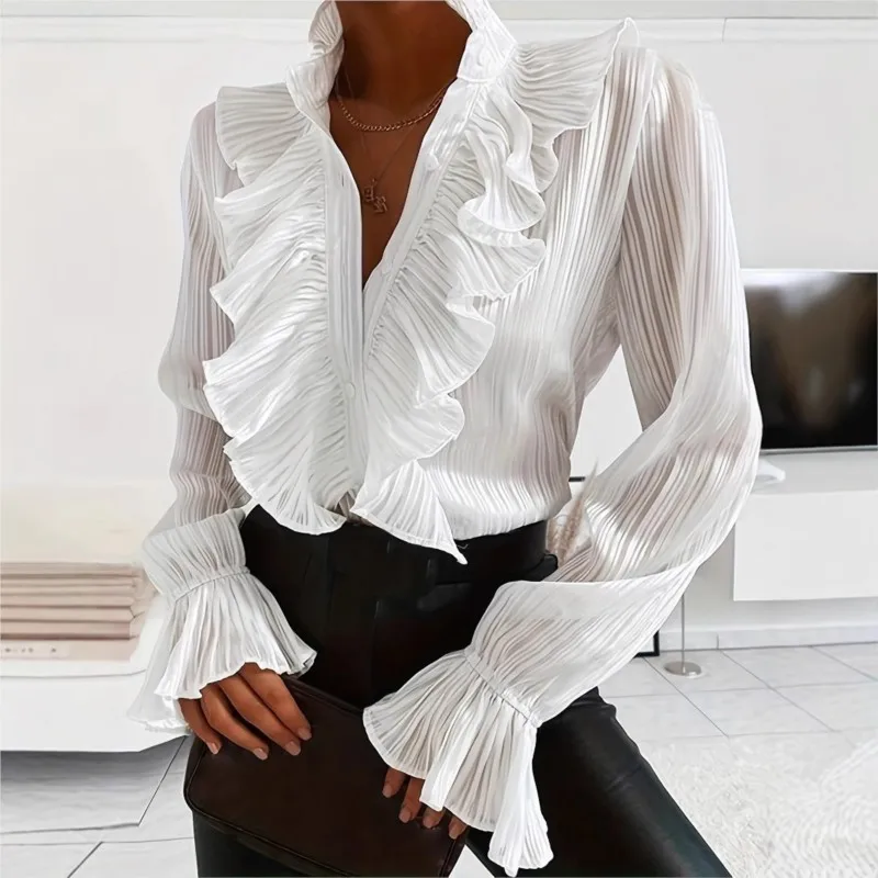Casual Commuting Women Shirt Blouse Solid Long Sleeve Flared Sleeve Stand Collar Tops Button Down Spring Autumn Women clothes 2