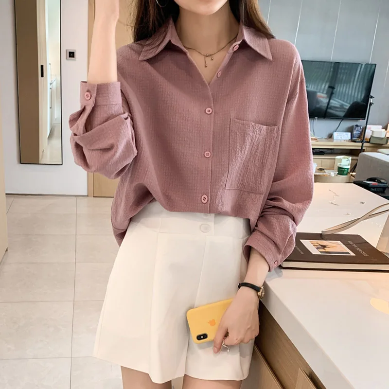 Women Tunics Simple Solid Casual Shirts Offcie Lady Loose Pockets Fashion Overszed Blouses Spring Daily Commuting All-match Tops