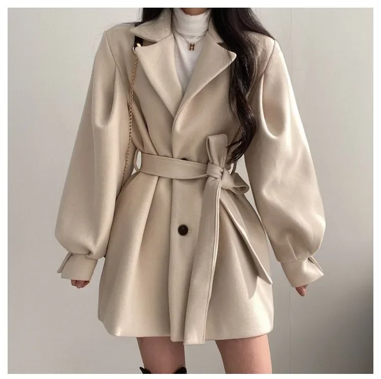 New Elegant Petitesuit Collar Korean Style Medium-Length Woolen Women's Overcoat Jacket Autumn/Winter Season Belt-Bound