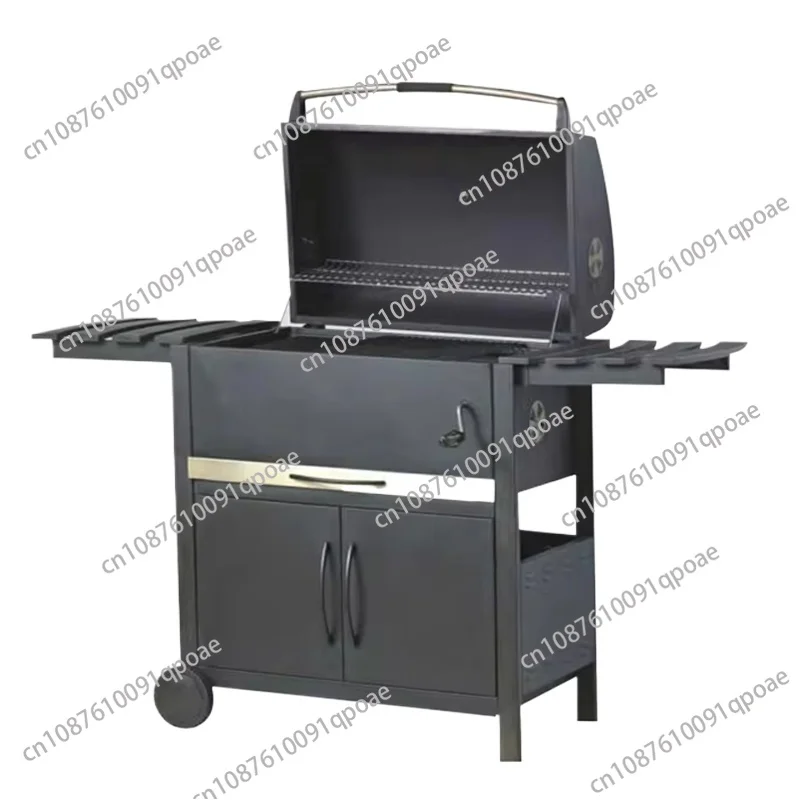 XEOLEO for Commercial Outdoor Charcoal BBQ Grill Trolley Portable Cast Iron Barbecue Grid Smoker with Rotisserie and Storage