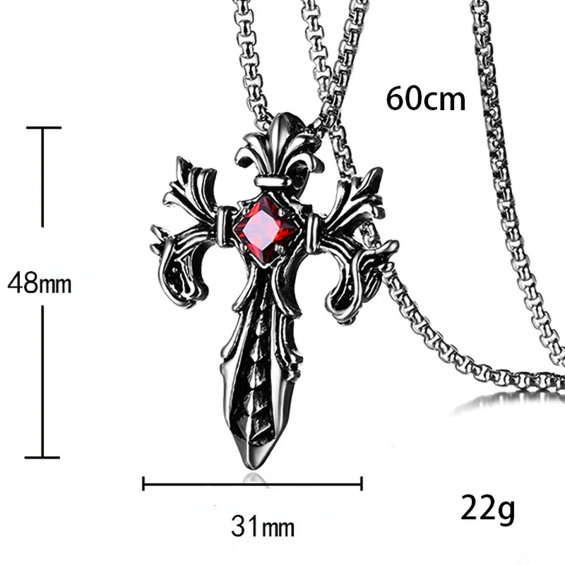 HNSP Gotischer Stil Design Roter Stein Kreuz-Anhänger Halskette Vintage Goth Schmuck Accessoire Geschenke – Detail 6