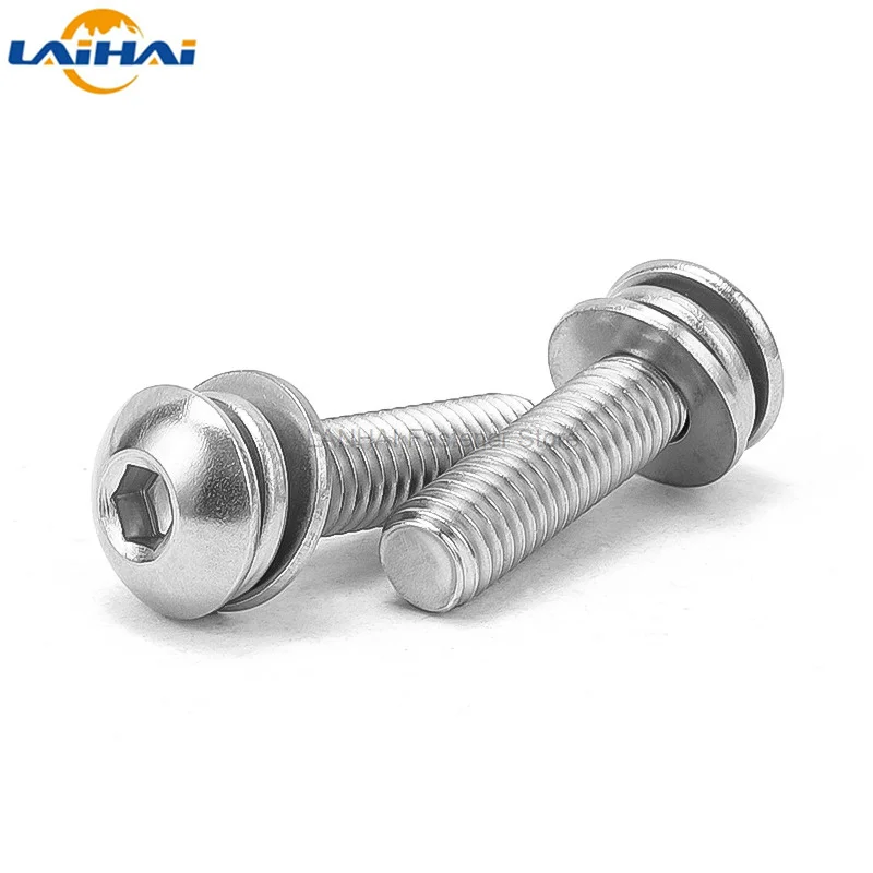 1/50pcs M3 M4 M5 M6 M8 304 Stainless Steel Hexagon Hex Socket Button Head SEM Screw Flat With Washer Spring Gasket Assemble Bolt