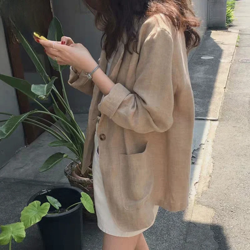 

ort Cotton Linen Suit Jaet Women's Spring Autumn Lightweight Casual Loose Fit Button up Pure Color Commute Sle