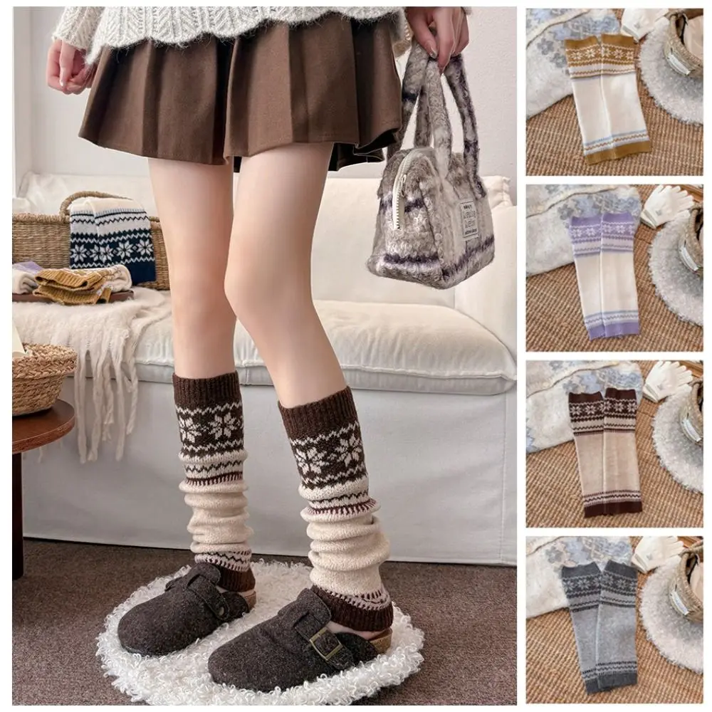 Soft Texture Fair Isle Leg Warmers Snow Pattern Thick Knit Calf Socks Casual Style Wool Blend Slouch Socks Outdoor Walk