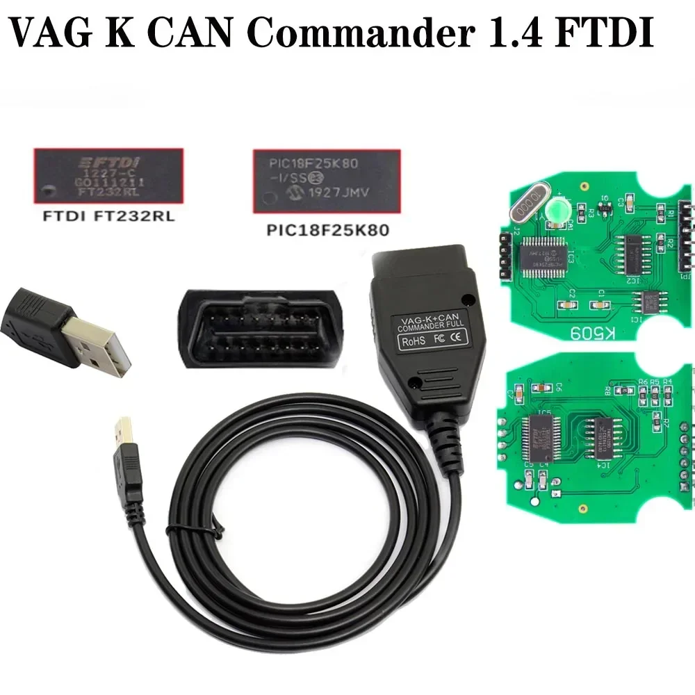 VAG K+CAN Commander 1.4 K+CAN FTDI Obd2 Diagnostic Scanner Tool OBDII VAG 1.4 COM K-line Cable for Vag Scanner for VW/AUDI