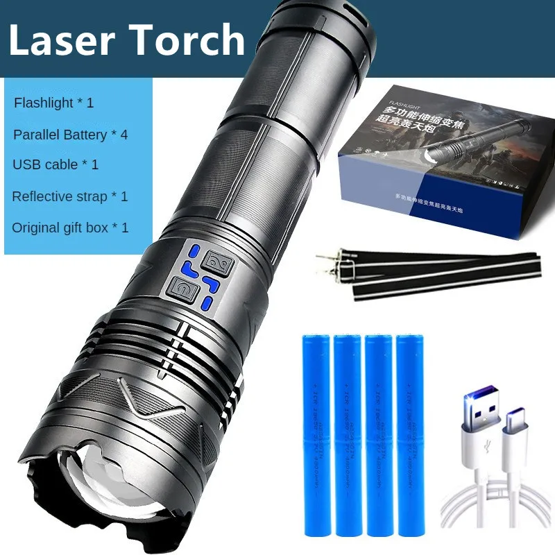 100W Strong Light Flashlight Super Bright Long Distance LED Flashlight Type-C USB Rechargeable Laser Powerful Zoom Flashlight