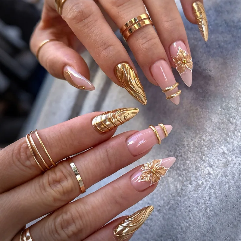 24Pcs French Flowers Pattern Almond Simple False Nails Set with Gloden Stripes Designs Detachable Finished Nails with Jelly Glue