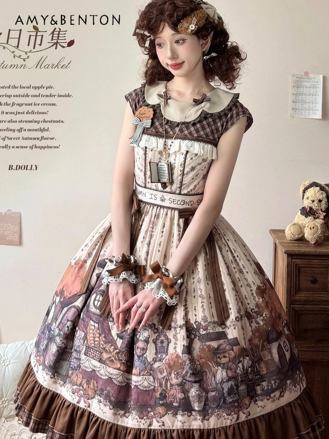 Vintage Elegant CLA Style Lolita Dress Sweet Cartoon Print Doll Collar Short Sleeve Slim Mid-Length Puff Dress Princess OP Dress