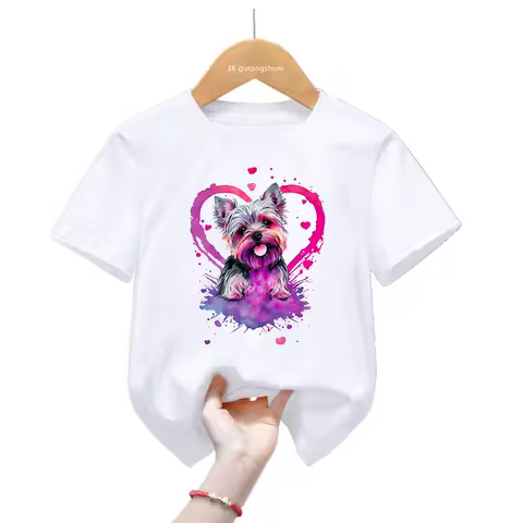 Watercolor Love Yorkshire Animal Printed T Shirt Girls/Boys Funny White Tshirt Kids Clothes Summer Fashion Short Sleeve T-Shirt