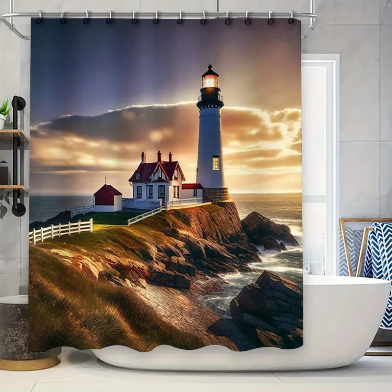 

Настраиваемые занавески для душа с 3D принтом, акварельный светильник, дом, закат, береговая линия, декор сцены для ванной комнаты, украшение дома, размер 18.