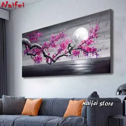 Plum Blossom Tree Full Moon Purple Flower 5d pittura diamante fai-da-te grande galleria avvolto paesaggio floreale in bianco e nero