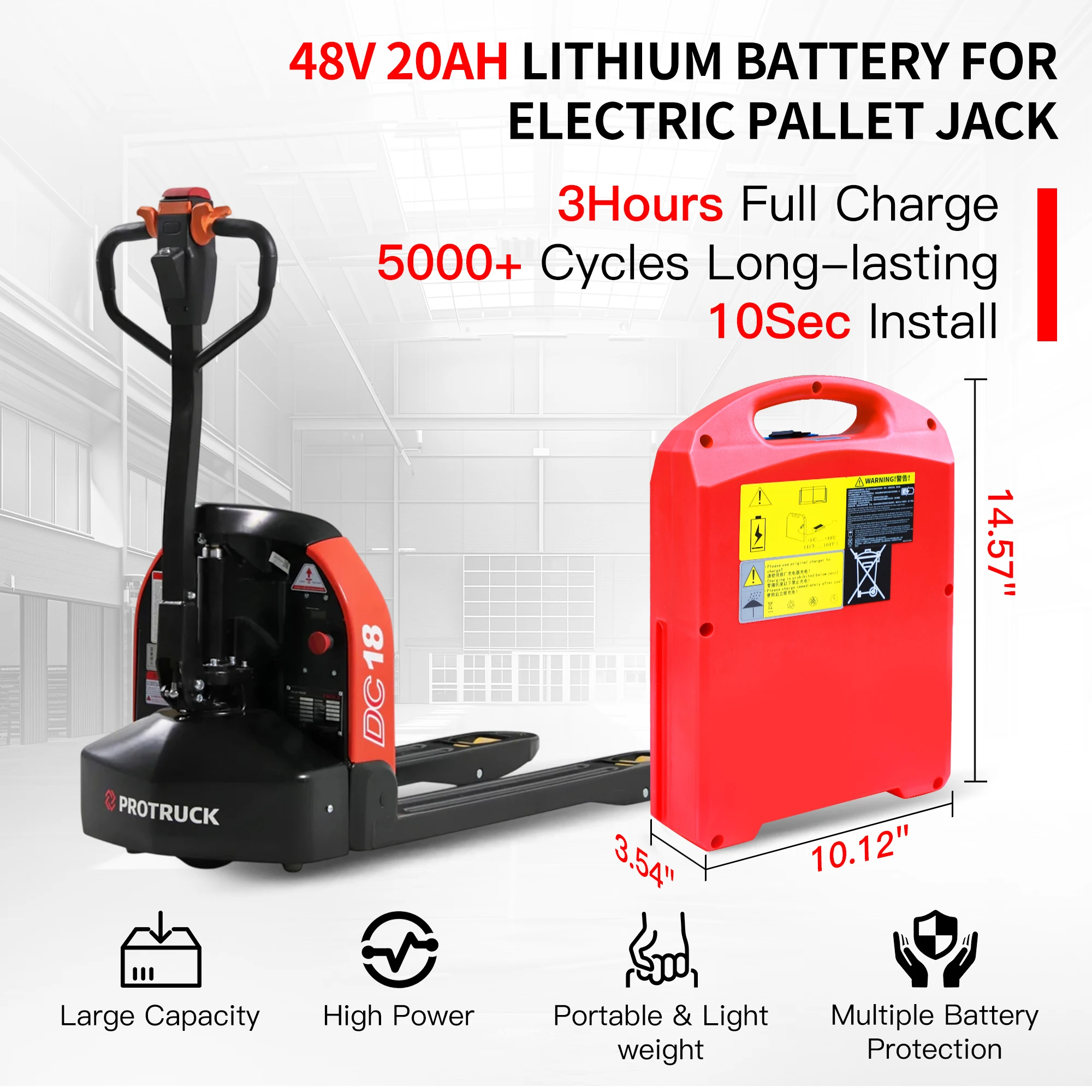 بطارية ليثيوم LiFePO4 حمراء 48 فولت 20 أمبير في الساعة لمقبس البليت الكهربائي Heli DC20 4400LBS Heli/Jiali CBD18/20J-LI3