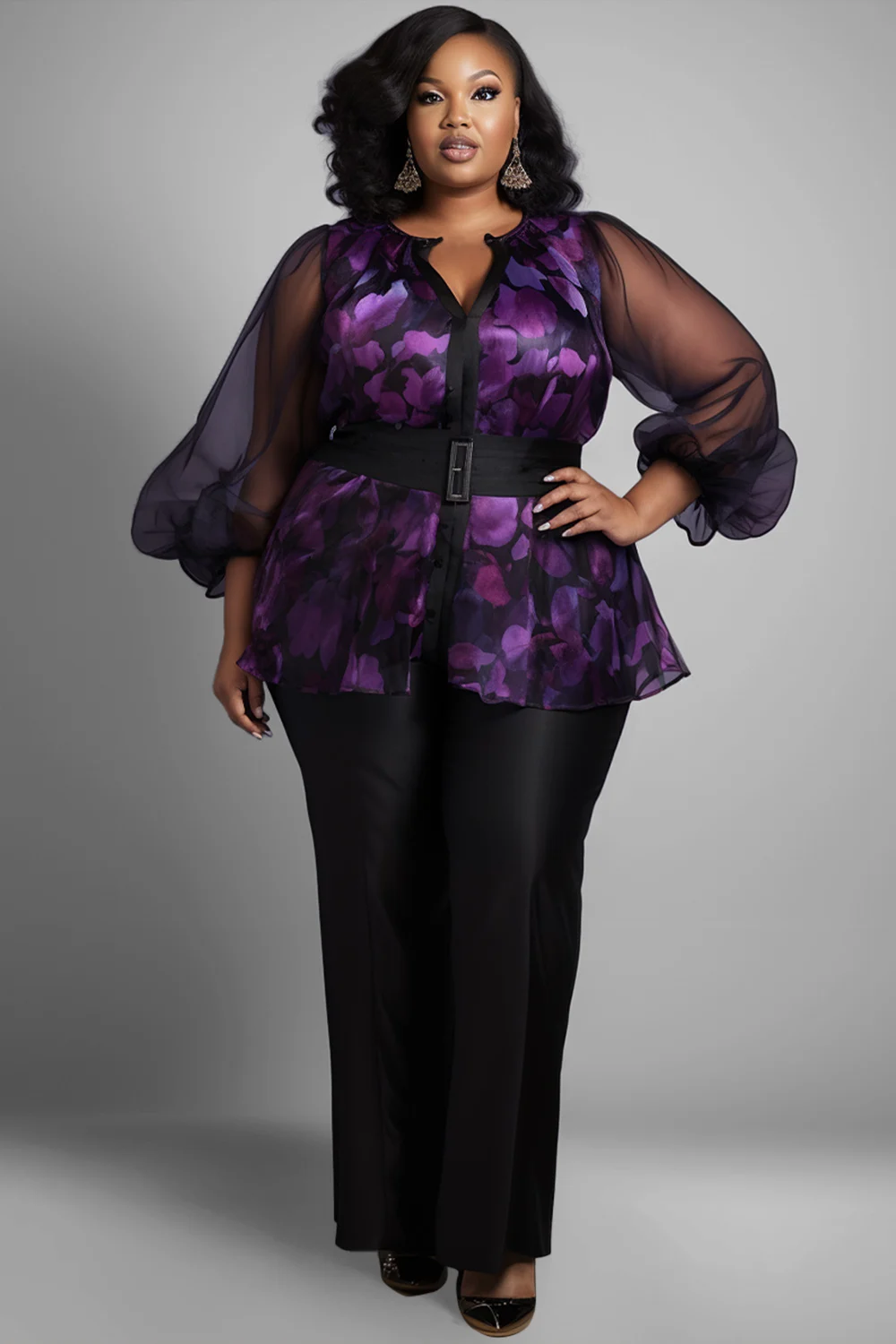 

Plus Size Casual Purple Denim With Pocket Ruffle Wide Leg Flared Jeans