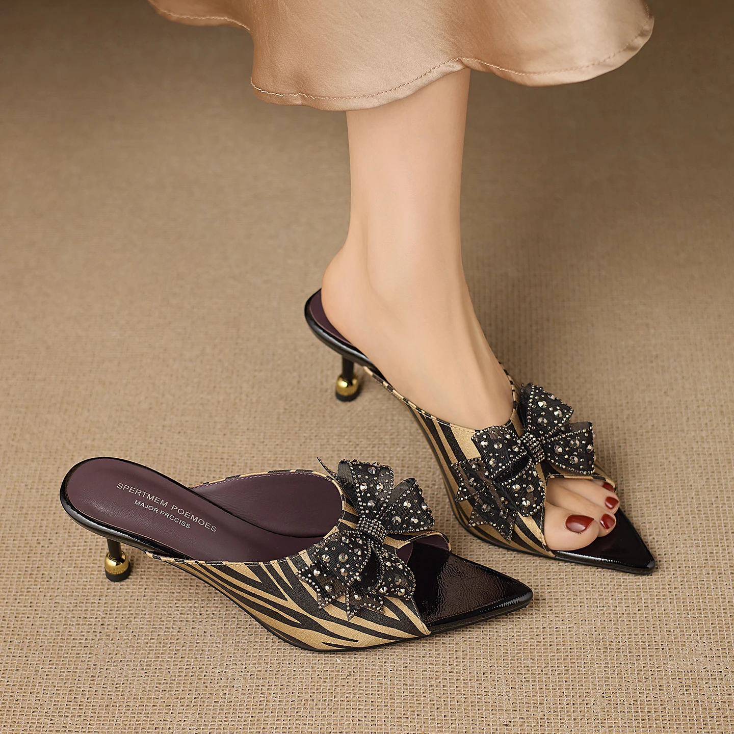 

2026 Summer Genuine Leather Bow Thin High Heel Slide Sandals Open Toe Women‘s Fashion Dressy Evening Party Versatile Shoes