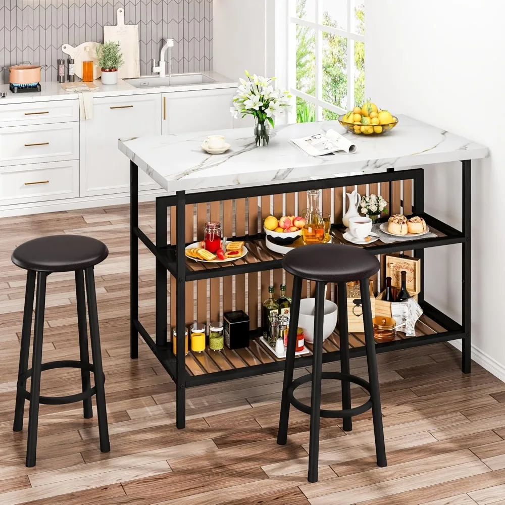 

Kitchen Island with Stools & Storage, Modern Dining Table Set for 2, 3 Piece Kitchen & Dining Room Sets Island Table