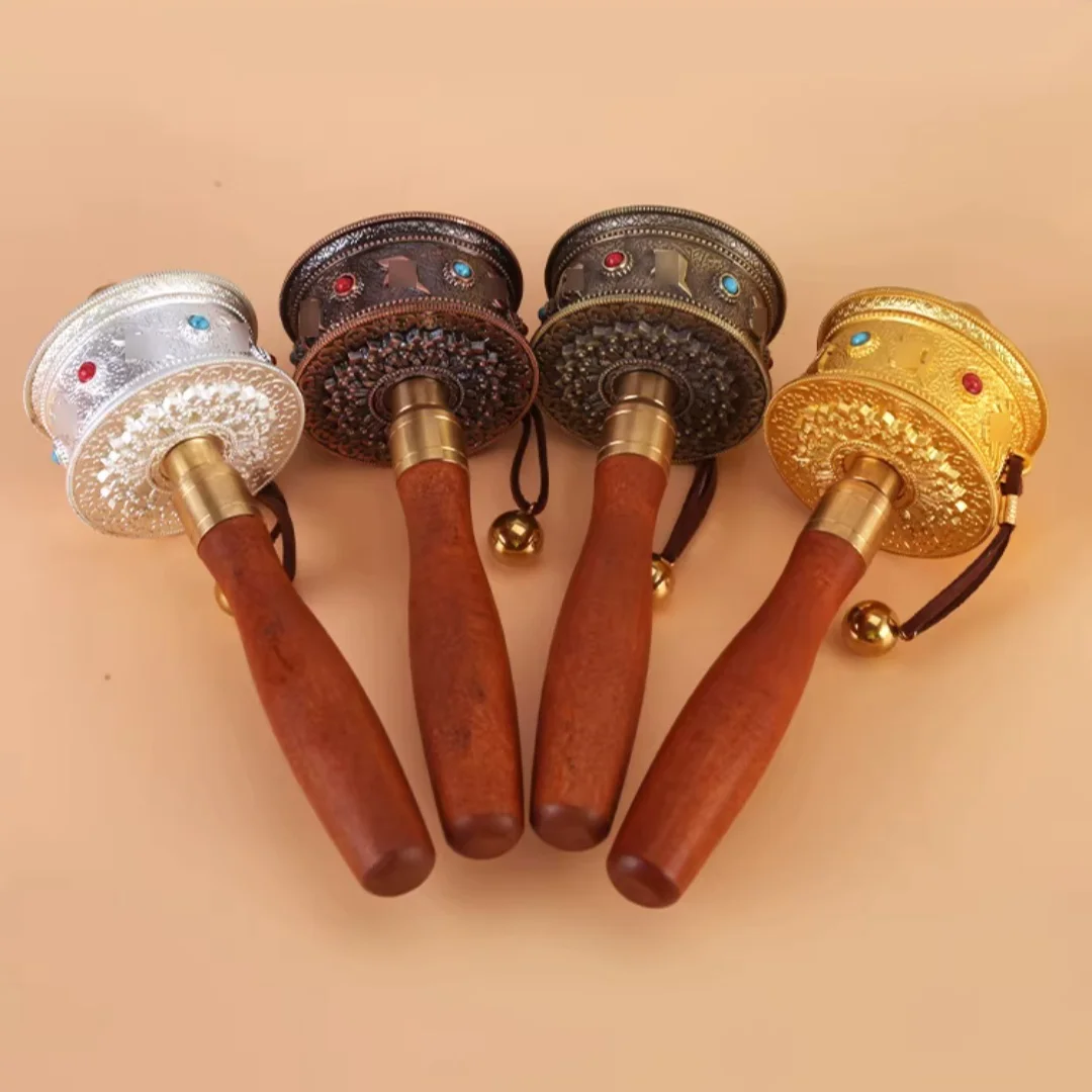 Hand-cranked Tibetan-style mini hand-cranked warp simple wheel with alloy inlaid gems.