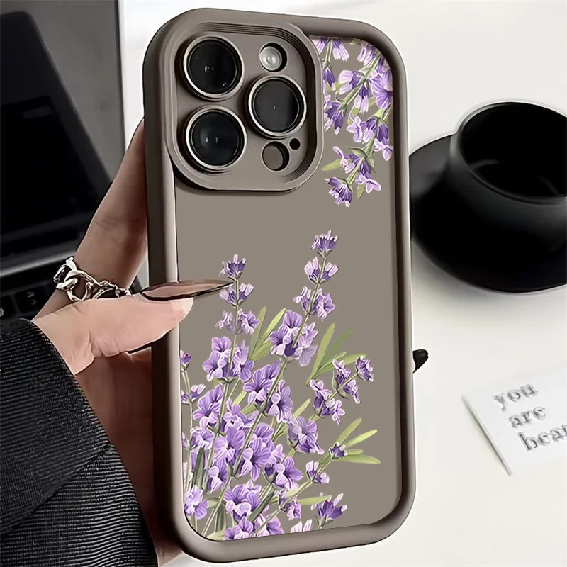 ラベンダーの花柄 iPhone 16 17Pro Max ケース、iPhone 11 12 13 14 15 Pro Max 用耐衝撃バンパーソフトシリコンカバー