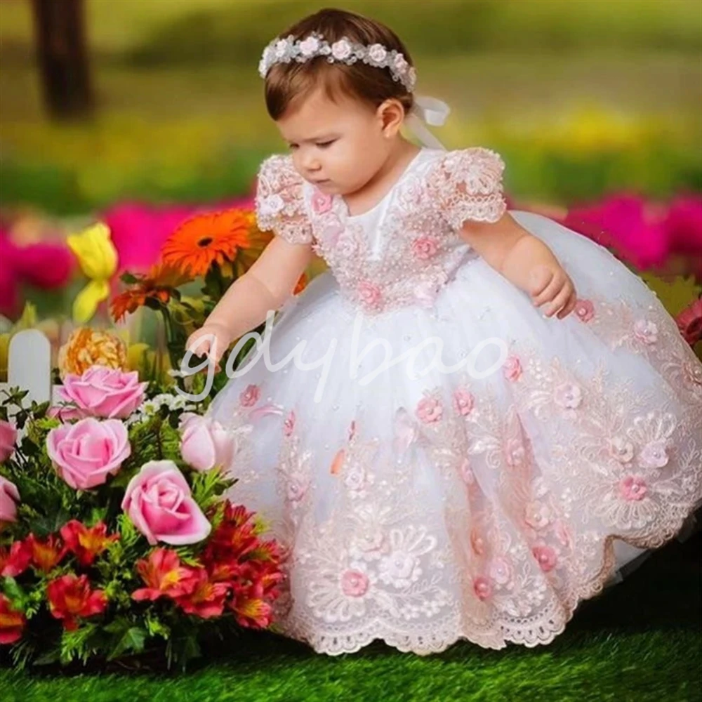 Luxury Baby Girl Birthday Dress Lace Pearls Infant Applique Dress Princess Flower Girl Dress Long Christmas Prom Ball Gown