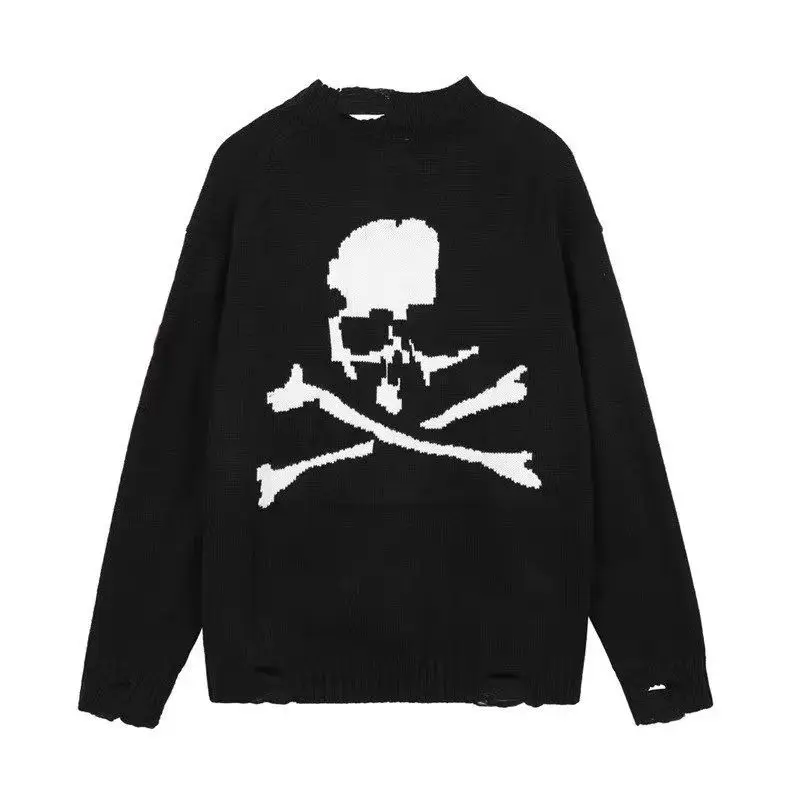Ripped Hole Skull Print Men Long Sleeve Sweaters Fall Winter Keep Warm Highstreet Hip Hop Loose Clothing Unisex Halloween Daily