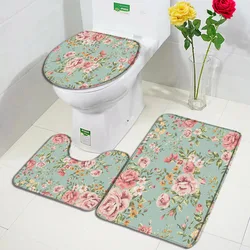 Pink Rose Floral Bath Mat Set Green Leaves Flowers Rustic Home Carpet Non-Slip Bathroom Decorative Floor Rugs Toilet Lid Cover