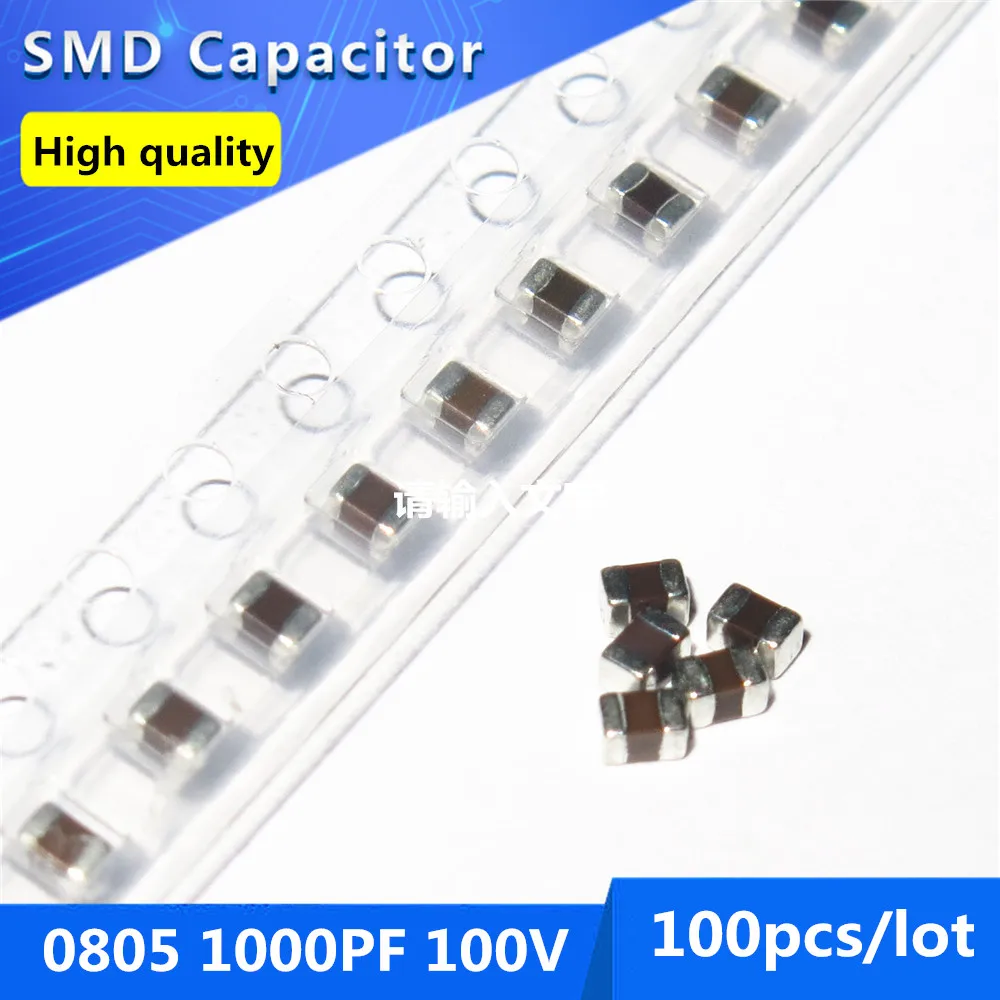 100pcs SMD Thick Film Chip Multilayer Ceramic Capacitor 0805 1NF 1000PF 100V COG/NPO 5%