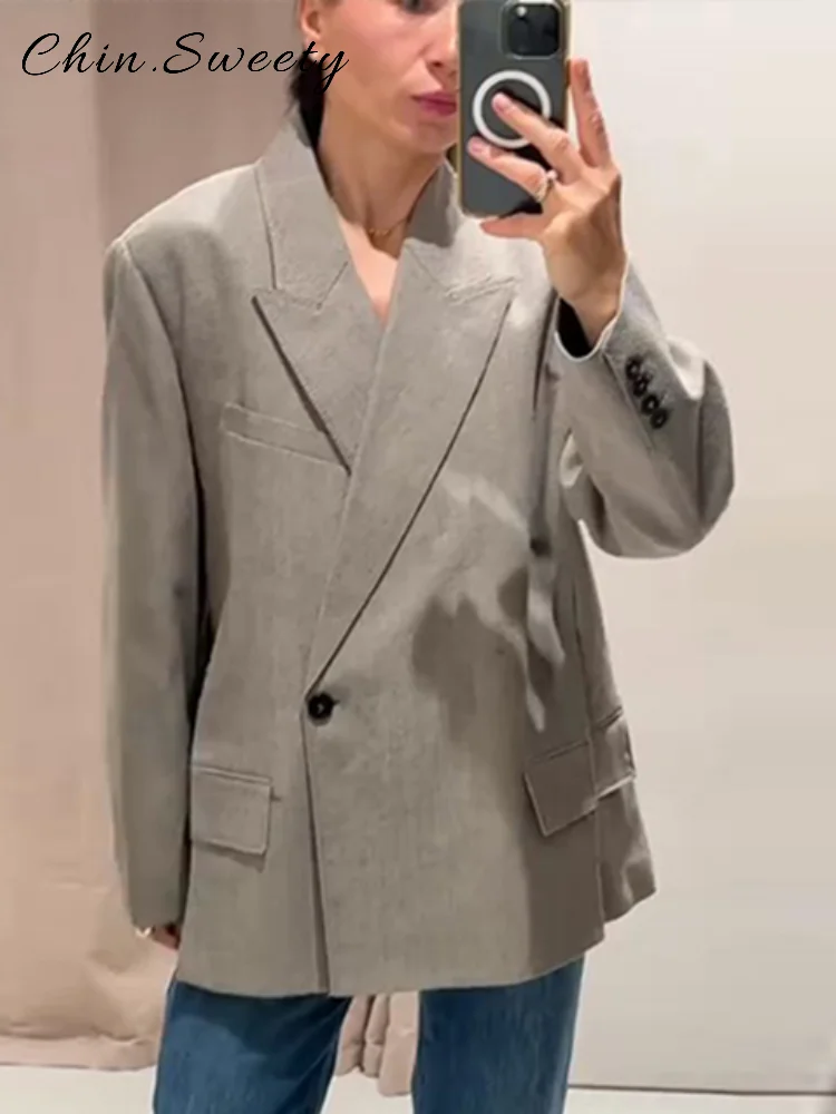 

Chic Side Slit Suit Jacket Women Solid Loose Lapel Long Sleeve One Button Fake Pockets Coat 2025 Autumn Winter Lady Street Coats