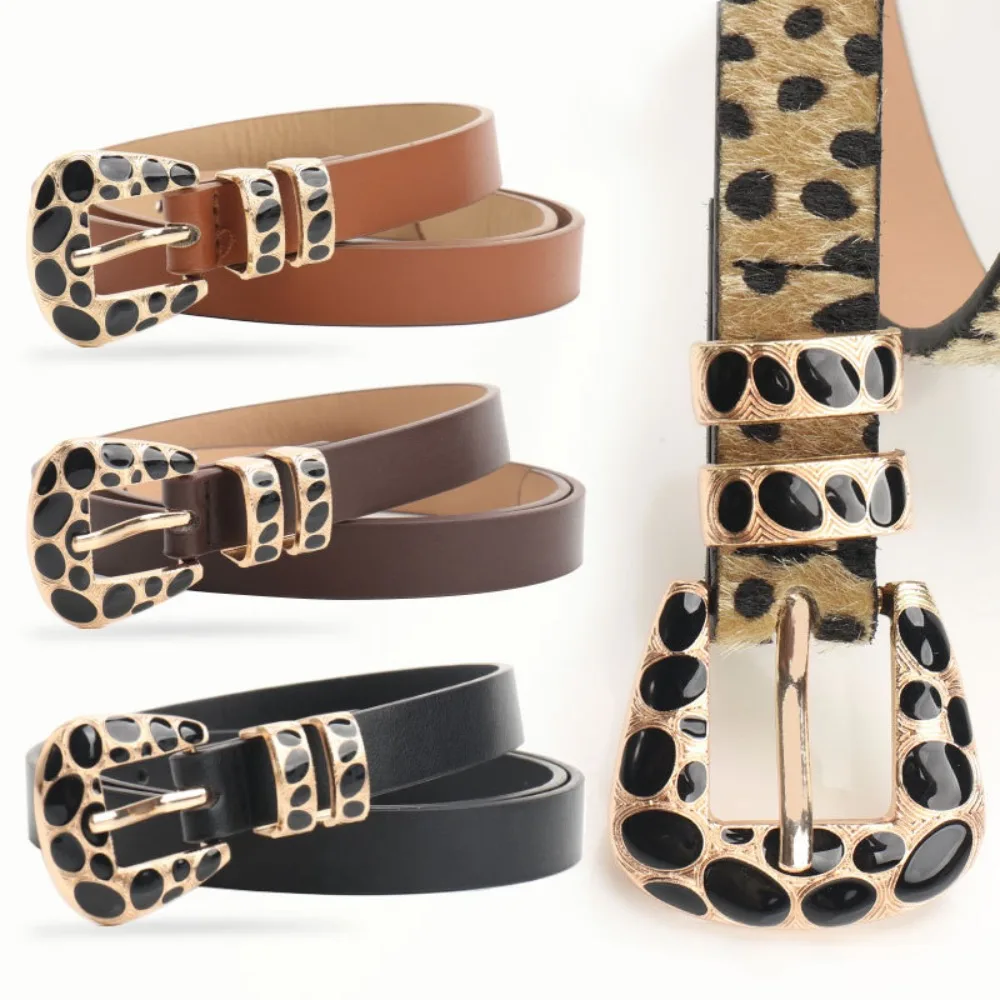 Fashion Leopard Print Belt with Speckled Alloy Buckle for Women, Versatile Denim Strap