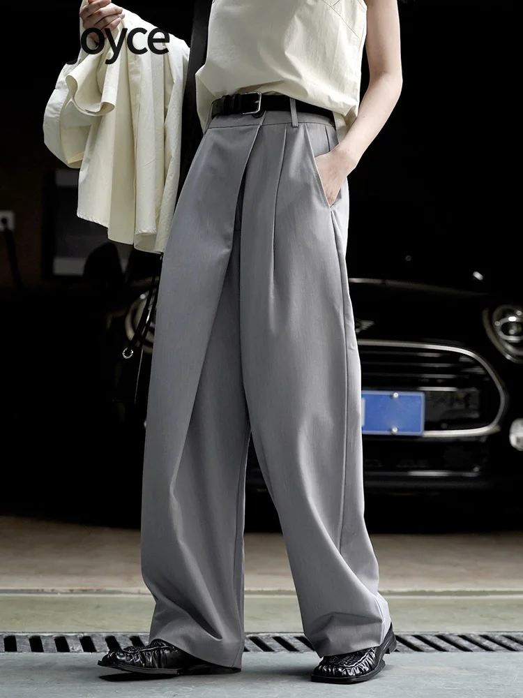 

ENjoyce Spring Summer Women Vintage Slant Placket Desigh Wide Leg Suit Pants Office Lady Loose High Waist Long Straight Trousers