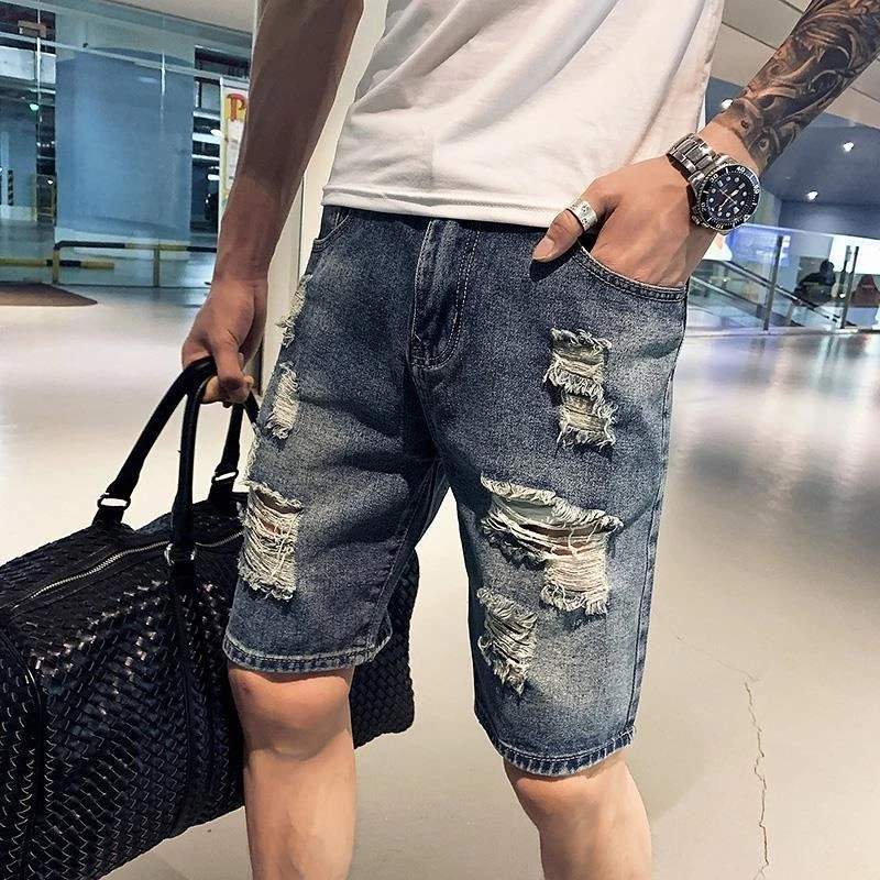 

2026 Men's Ripped Denim Shorts Korean Style Straight Leg Knee Length Shorts Hip Hop Casual Summer Jean Shorts for Men