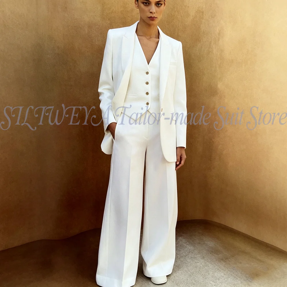 

White Pants Suit Woman Luxury 3 Pieces Jacket Vest Wide-leg Pant Smart Casual Formal Female Fashion Trousers Conjuntos De Mujer